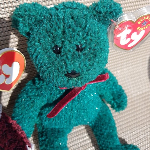 Ty Beanie Babies 2001 HOLIDAY TEDDY Green & 2000 Christmas Red Santa 8" Plush - Picture 10 of 15
